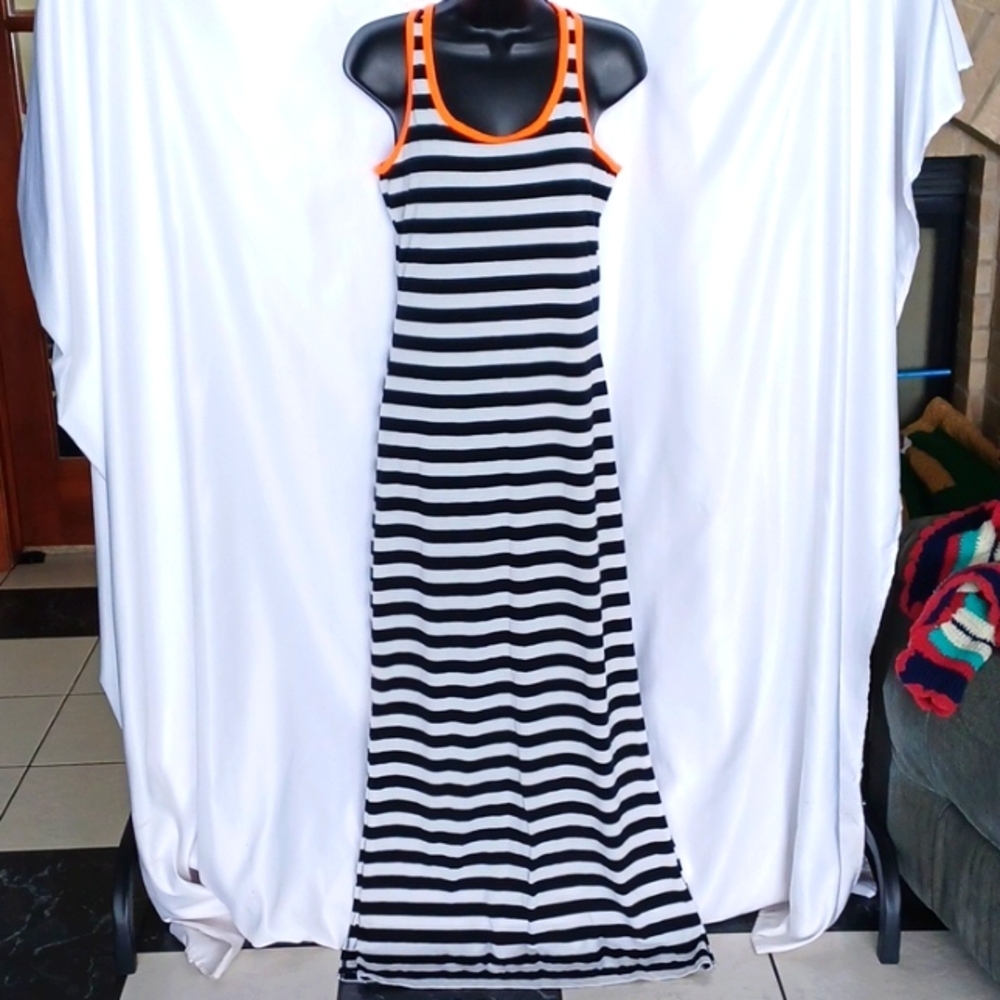 Derek Heart Striped Maxi Dress with 2 side slits, florescent orange trim
